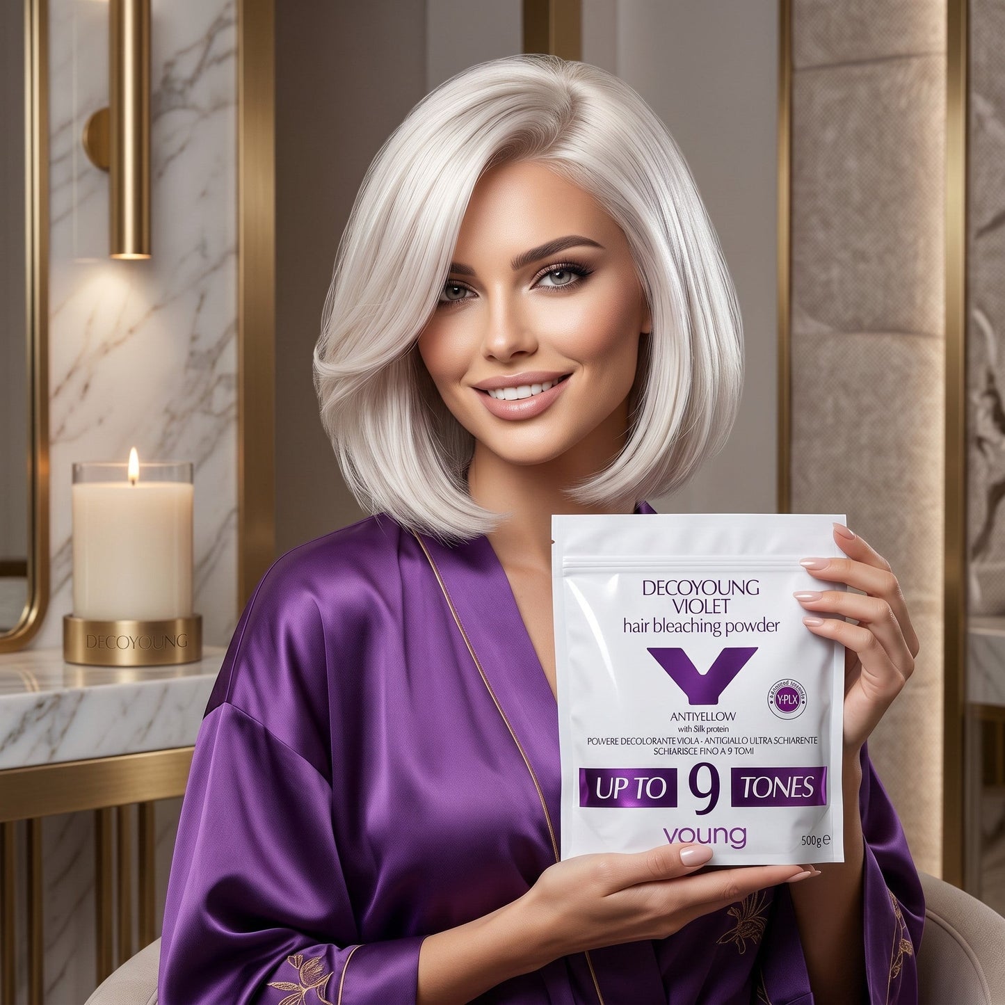 Ideală pentru balayage, airtouch, meșe și decolorare completă. Pudra decolorantă Violet Y-PLX oferă performanță profesională și neutralizare eficientă a tonurilor galben-portocalii.