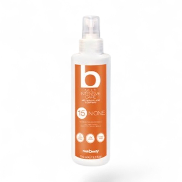 John Hair 15-in-1 leave-in hair treatment spray held by a woman in a blue swimsuit on a tropical beach.