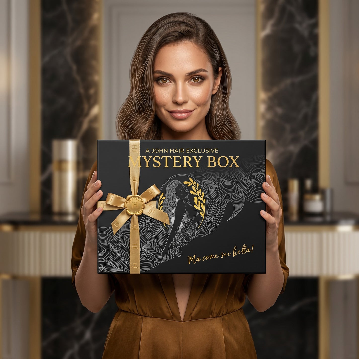 A woman holding a John Hair black mystery box with elegant gold ribbon and floral illustration in a luxury setting.