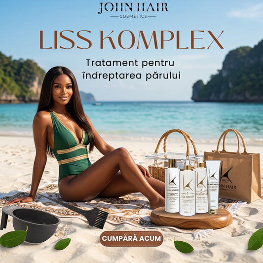 John Hair Liss Complex keratin hair straightening treatment set with shampoo, smoothing mask, and restorative mask.