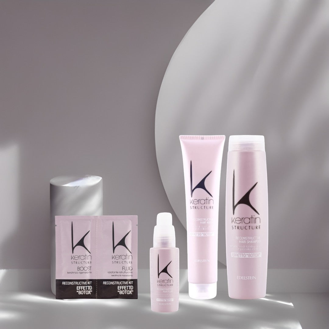 John Hair Keratin Structure 4-step professional hair reconstruction kit for damaged hair in light pink packaging.
