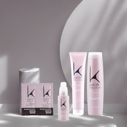 John Hair Keratin Structure 4-step professional hair reconstruction kit for damaged hair in light pink packaging.