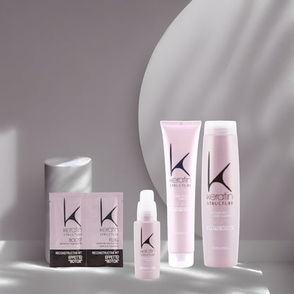 John Hair Keratin Structure 4-step professional hair reconstruction kit for damaged hair in light pink packaging.