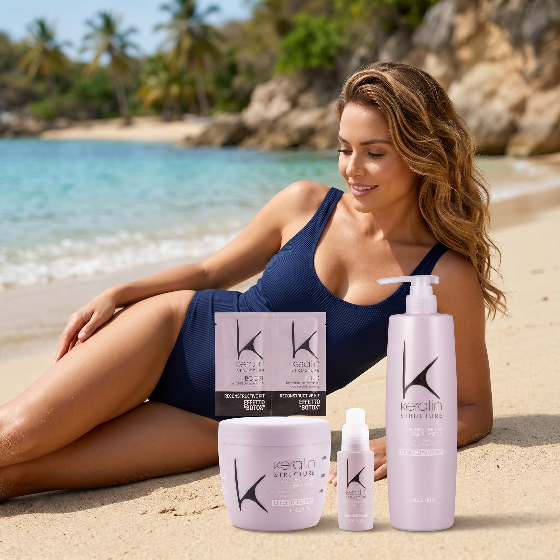John Hair professional keratin hair reconstruction set with shampoo, mask, fluid, and botox treatment on a beach.