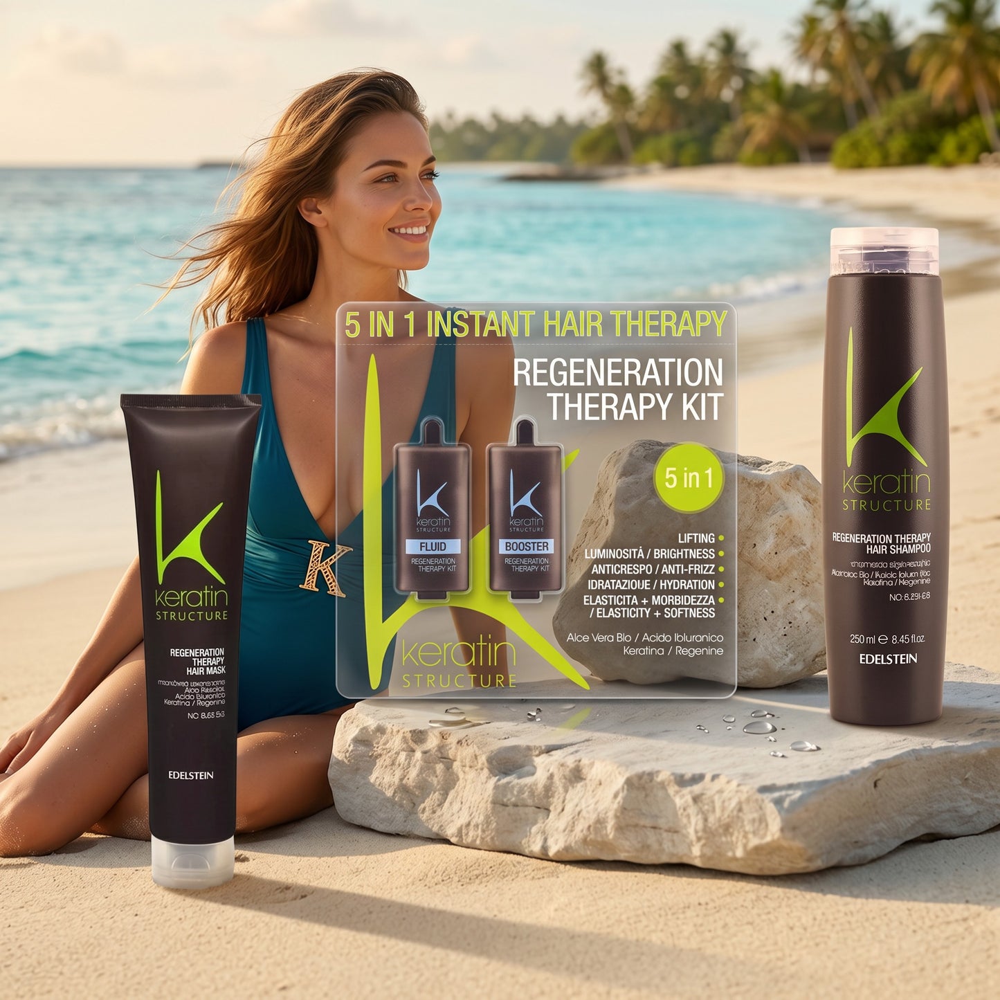 John Hair Keratin Structure 5-in-1 regeneration kit with shampoo, mask, and treatment on a beach with a smiling woman.