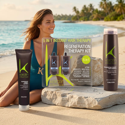 John Hair Keratin Structure 5-in-1 regeneration kit with shampoo, mask, and treatment on a beach with a smiling woman.