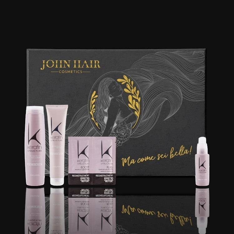 John Hair Keratin Structure hair botox treatment kit with shampoo, mask, fluid, and vials in a black gift box
