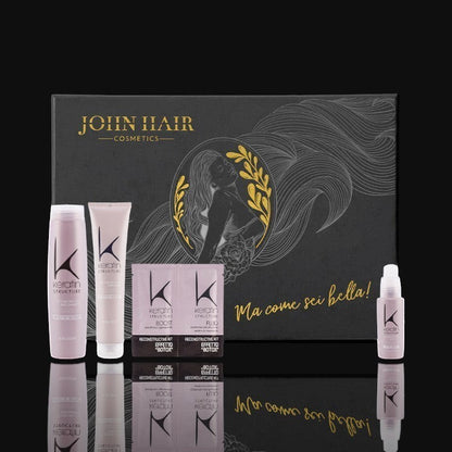 John Hair Keratin Structure hair botox treatment kit with shampoo, mask, fluid, and vials in a black gift box