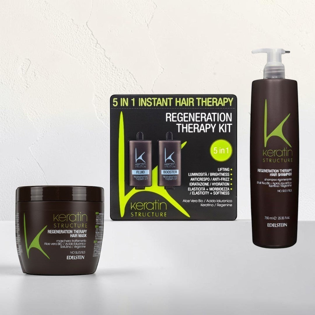 John Hair Keratin Structure professional hair care set with shampoo, regenerating mask, and 5-in-1 therapy kit.