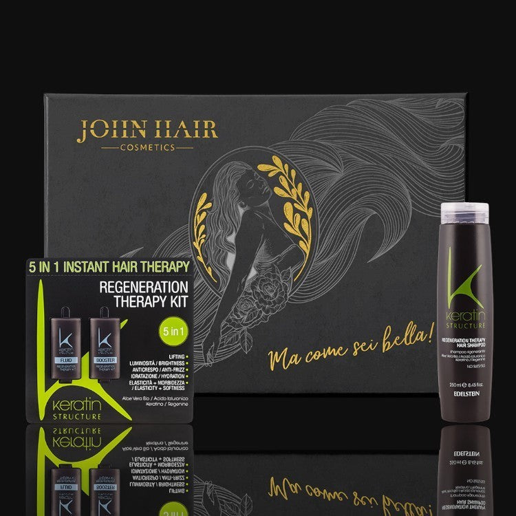 John Hair Keratin Structure 5 in 1 regeneration therapy kit with shampoo and treatment vials in a black gift box