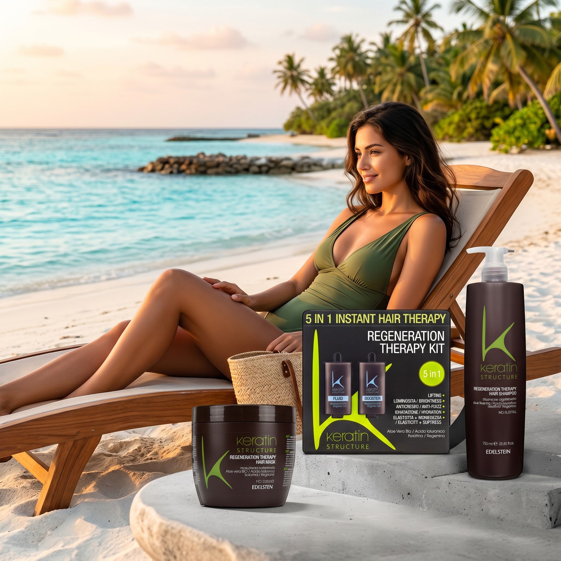 John Hair Keratin Structure Therapy hair care set with shampoo, mask, and 5-in-1 treatment on a tropical beach.