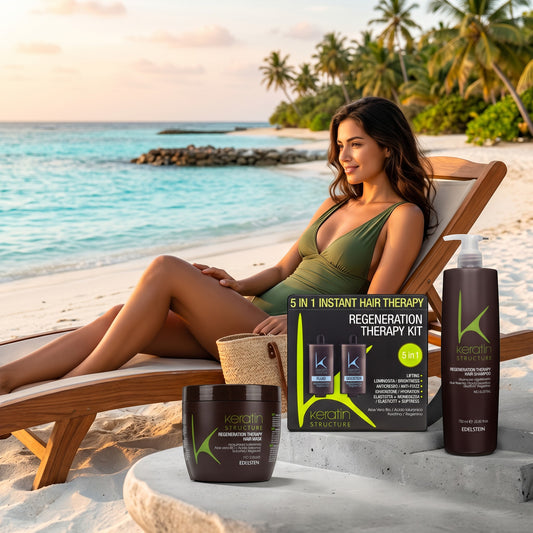 John Hair Keratin Structure Therapy hair care set with shampoo, mask, and 5-in-1 treatment on a tropical beach.