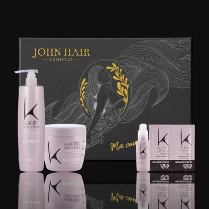 John Hair Keratin Structure professional hair botox treatment kit with shampoo, mask, fluid, and vials in gift box.