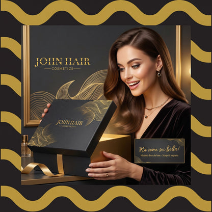 A woman smiling while opening a John Hair luxury black and gold mystery gift box with elegant cosmetic branding.