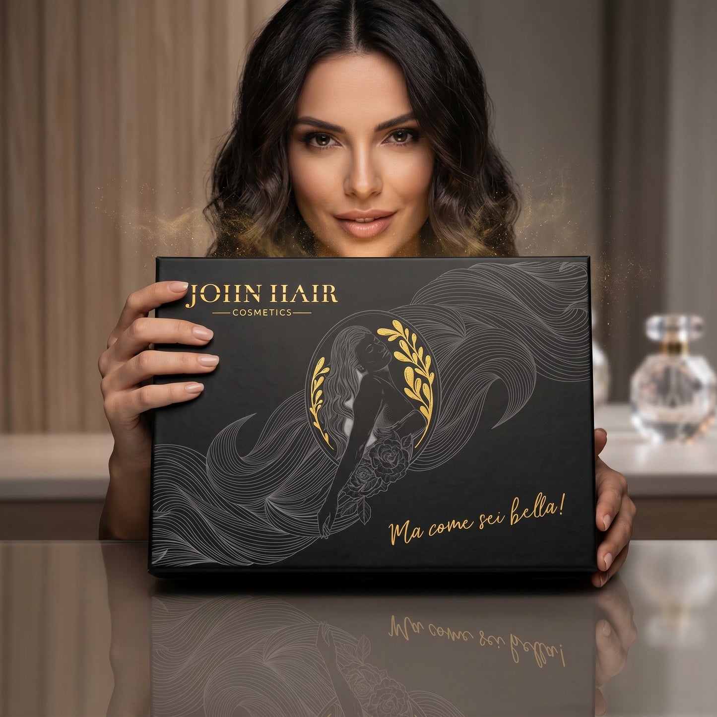 John Hair mystery box with elegant black and gold packaging held by a smiling woman in a beauty salon setting.