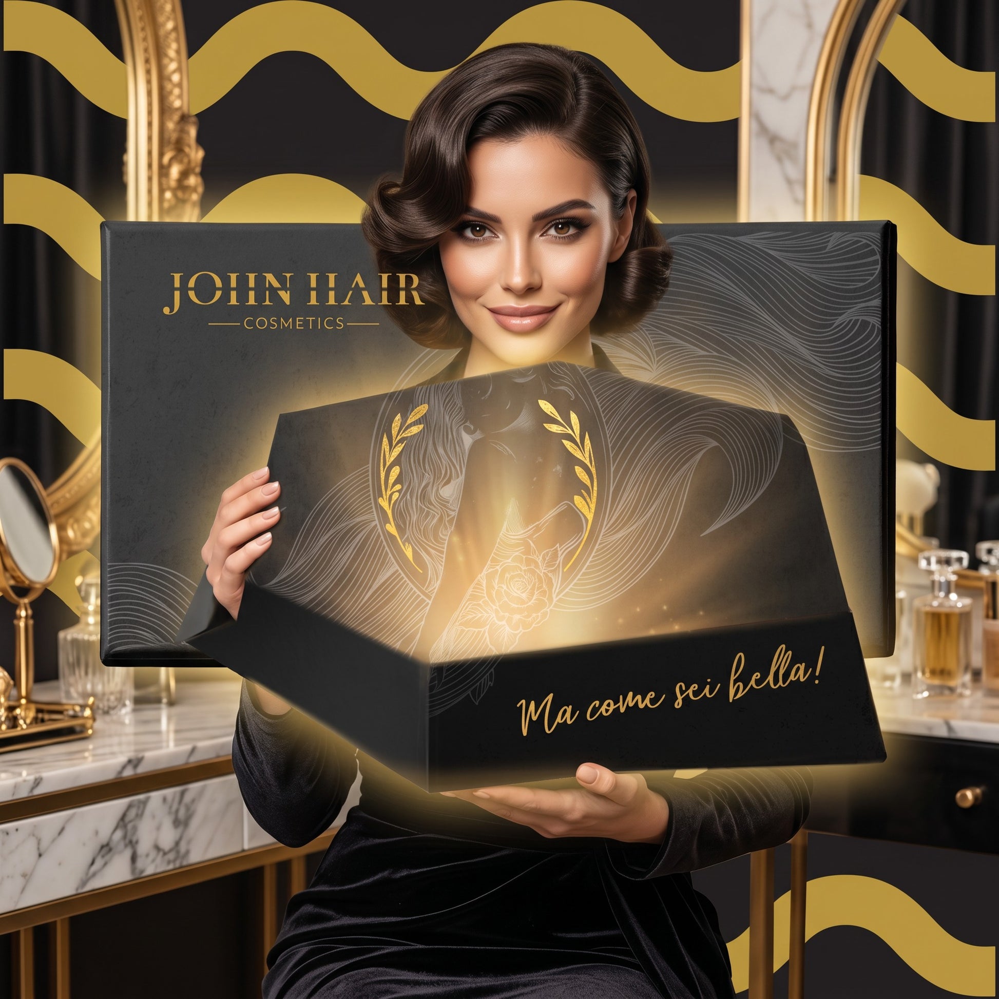 John Hair Mystery Box featuring a glowing black gift box with gold accents held by a woman in a luxury salon setting.