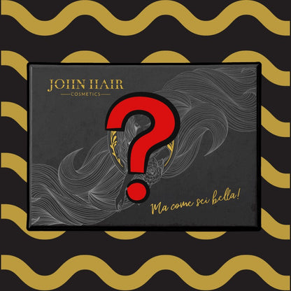 John Hair mystery box with black packaging, gold wavy pattern, and a large red question mark design.