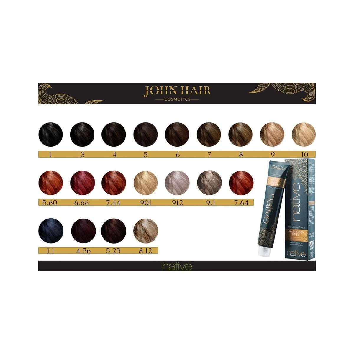 John Hair Native professional hair color chart showing various shades with an ammonia-free hair dye tube and box