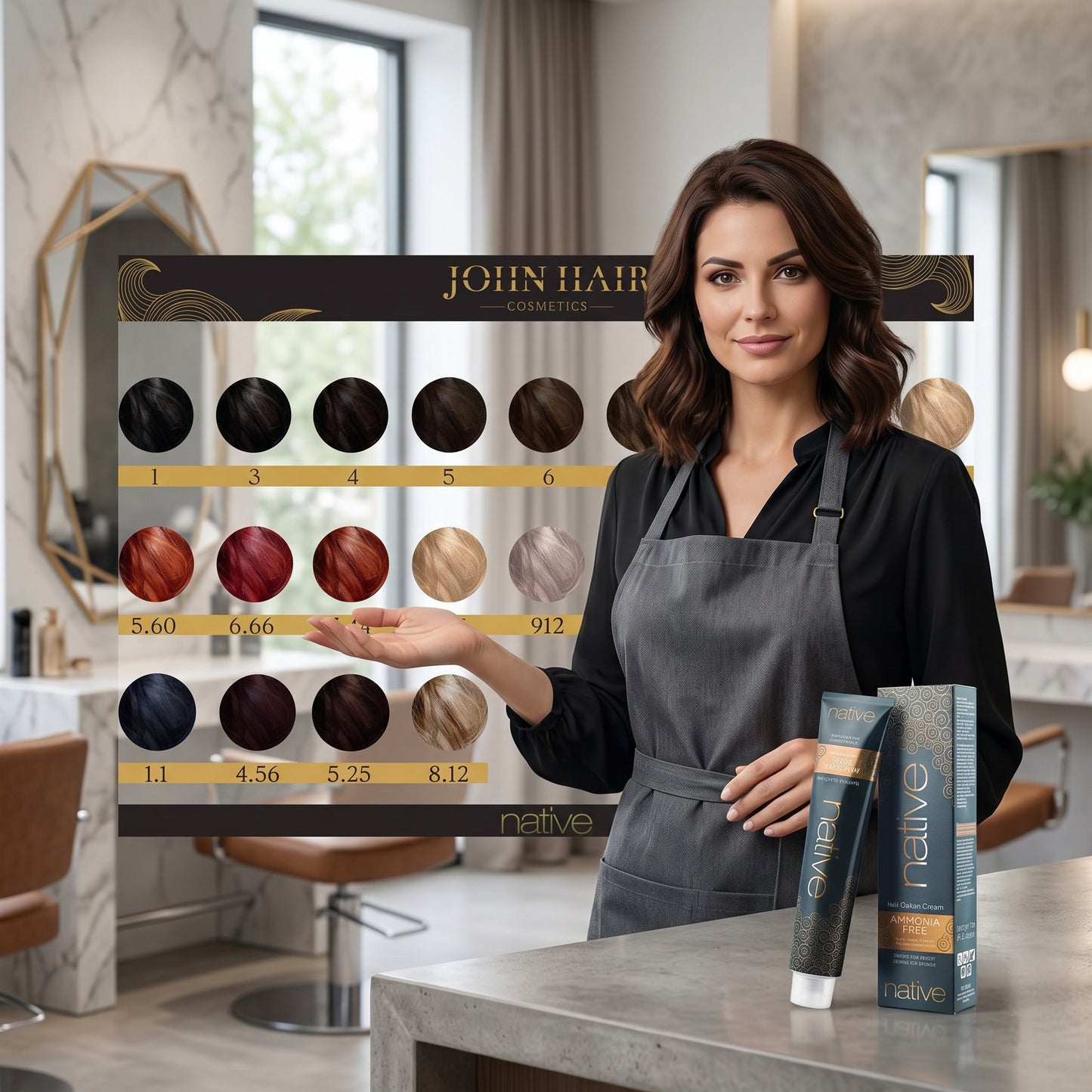 John Hair professional hair color starter kit with Native ammonia-free cream tubes and a hair shade selection chart.
