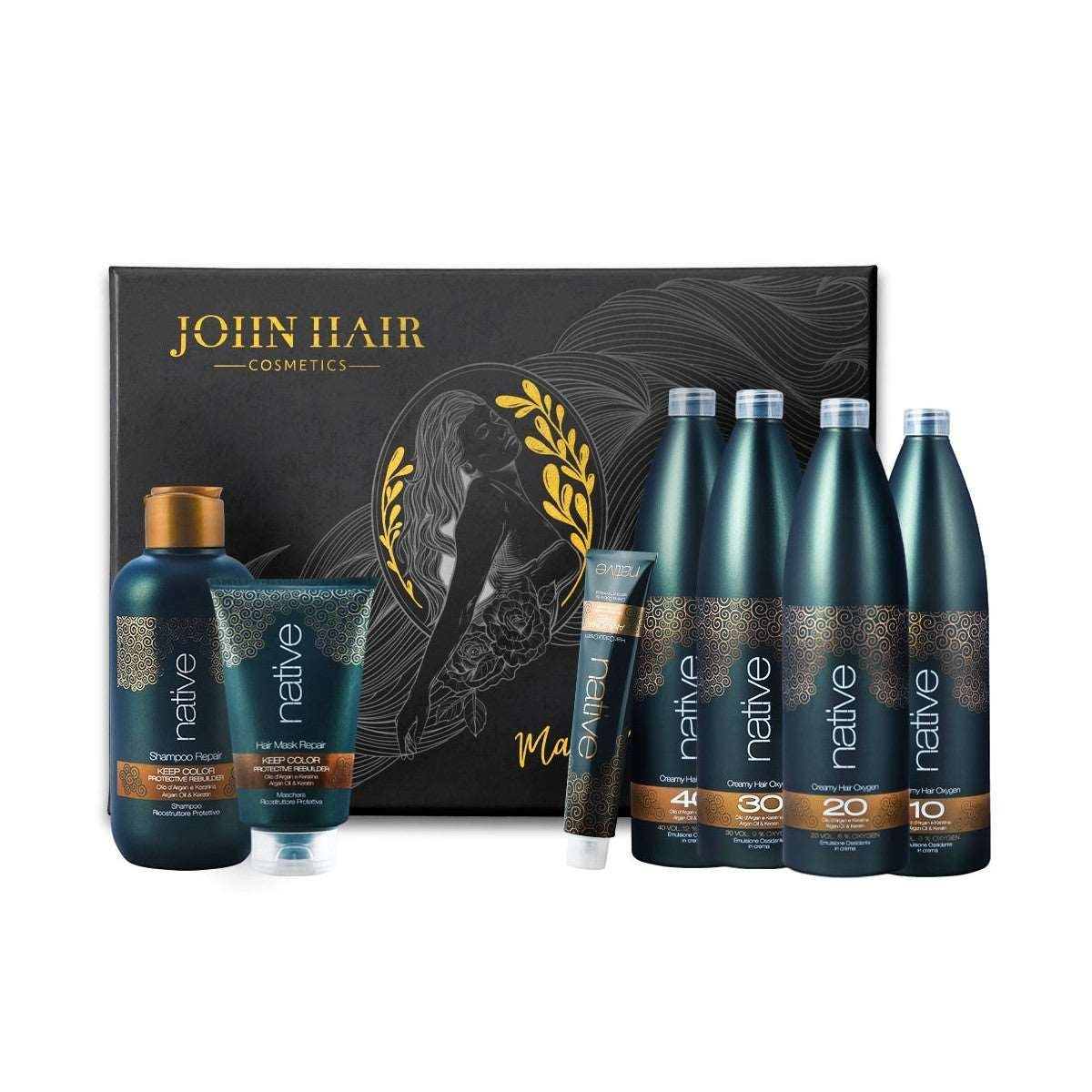 John Hair Native professional hair care starter kit with shampoo, mask, color cream, and oxidants with argan oil