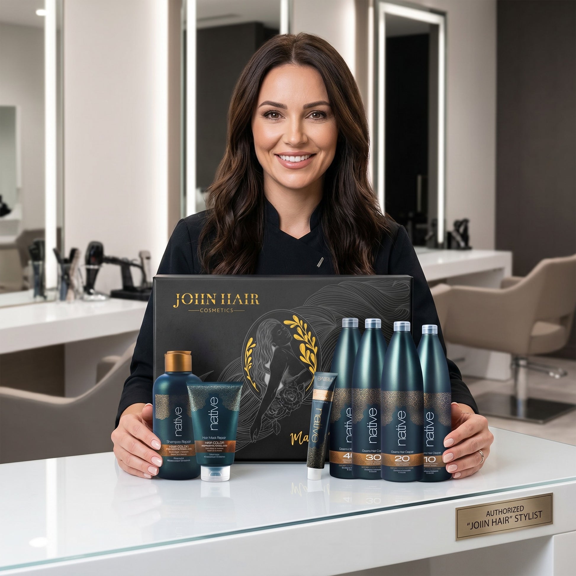 John Hair professional hair care starter kit with Native shampoo, mask, and oxidizing creams in a salon setting.