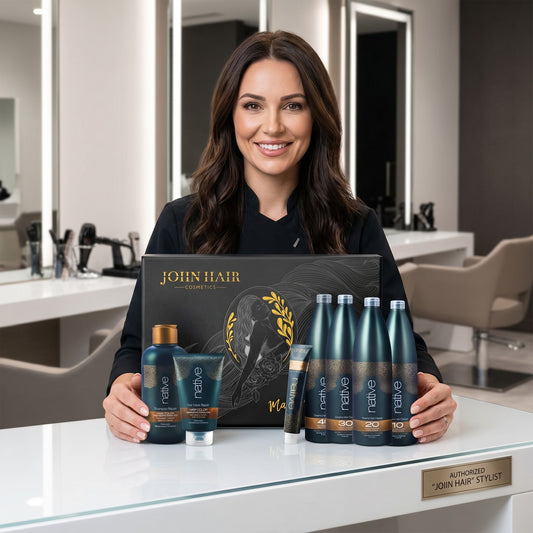 John Hair professional hair care starter kit with Native shampoo, mask, and oxidizing creams in a salon setting.