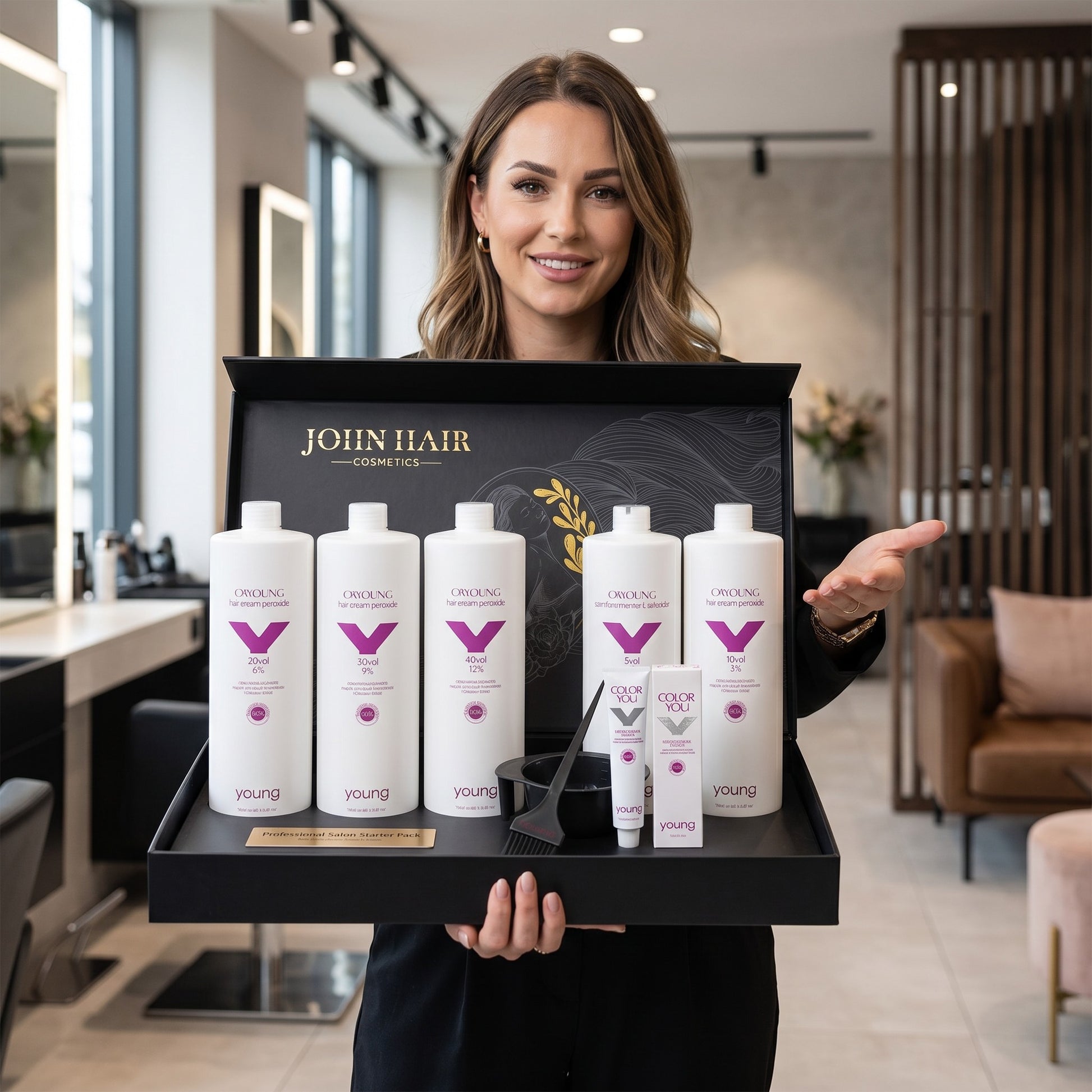 John Hair professional hair color starter kit featuring Young hair cream peroxide bottles, dye tubes, and tools.