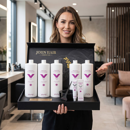 John Hair professional hair color starter kit featuring Young hair cream peroxide bottles, dye tubes, and tools.