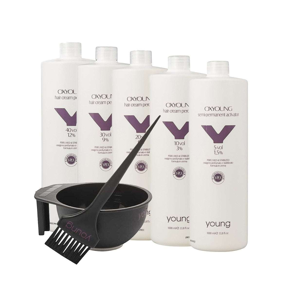 John Hair professional starter kit with five OxYoung hair cream oxidants, mixing bowl, and tinting brush.