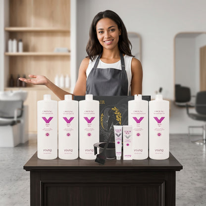 John Hair professional hair color starter kit with Young hair dye, oxidants, mixing bowl, and brush in a salon