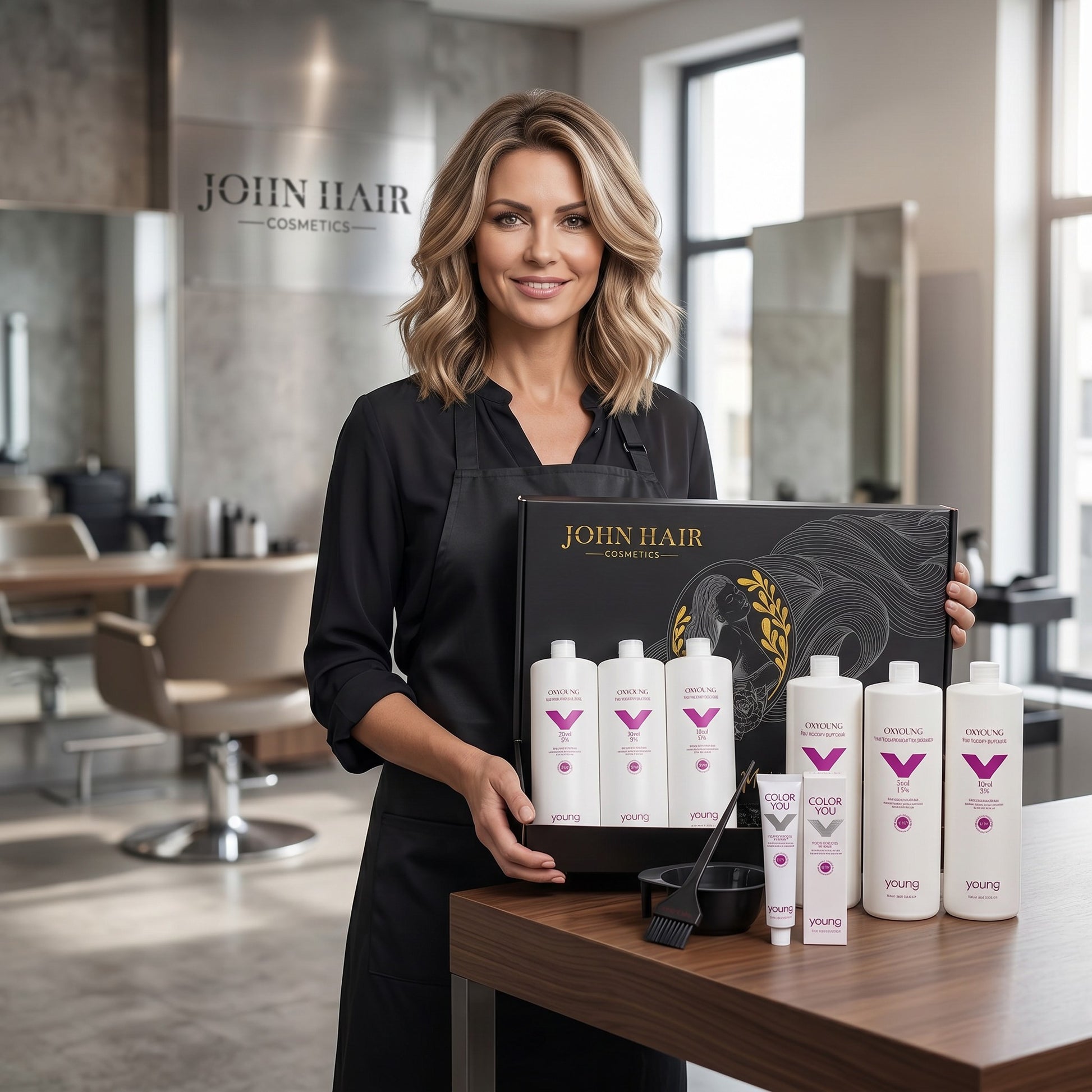 John Hair professional hairstylist starter kit with Young hair dye, oxidants, mixing bowl, and brush in a salon.