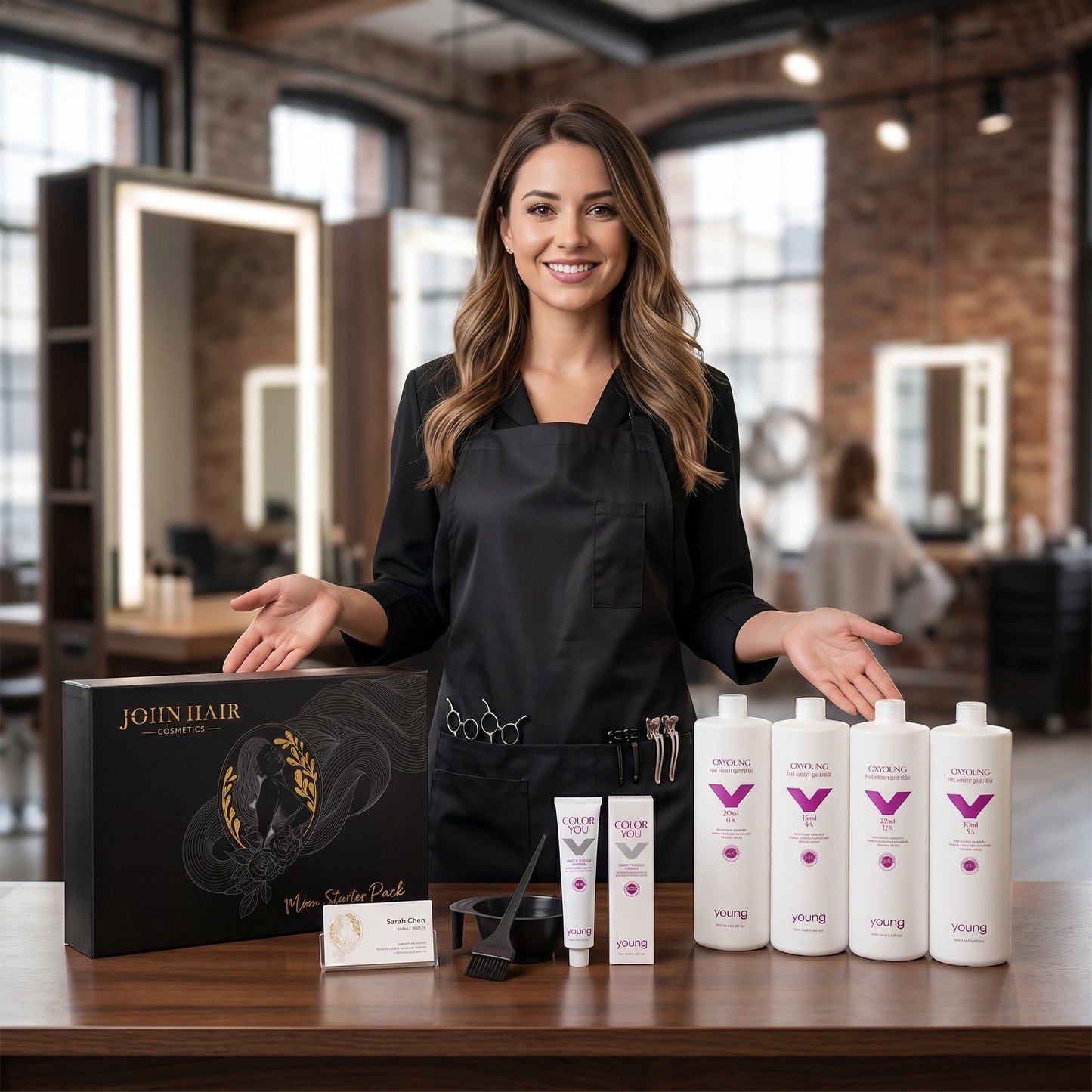 John Hair professional starter kit for hairstylists with hair color tubes, oxidants, bowl, brush, and display box.