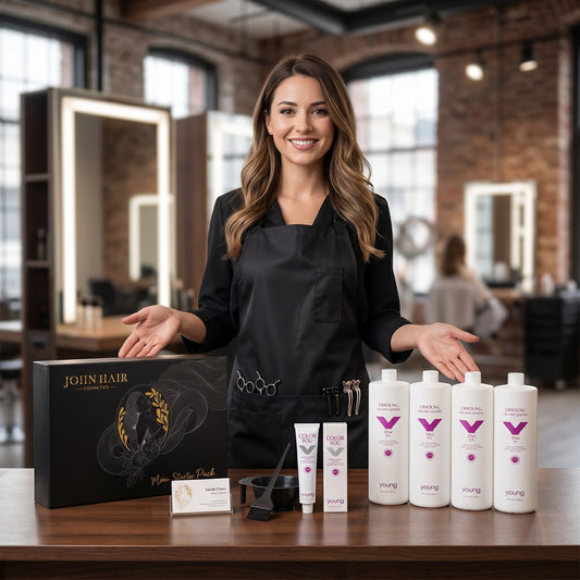 John Hair professional starter kit for hairstylists with hair color tubes, oxidants, bowl, brush, and display box.