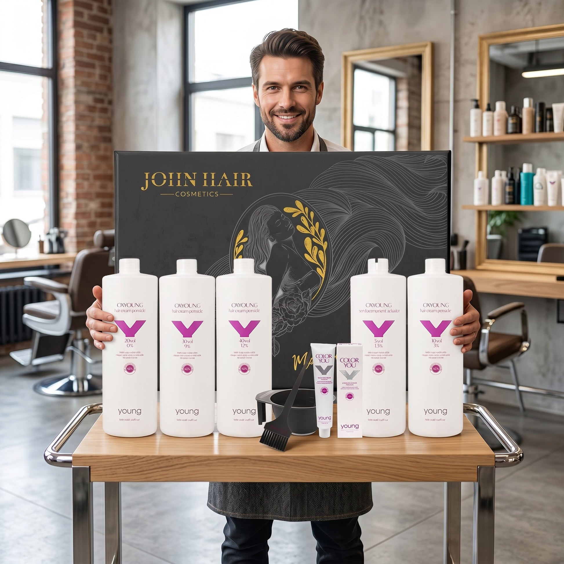 John Hair professional hairstylist starter kit with Young hair color tubes, cream oxidants, mixing bowl, and brush.