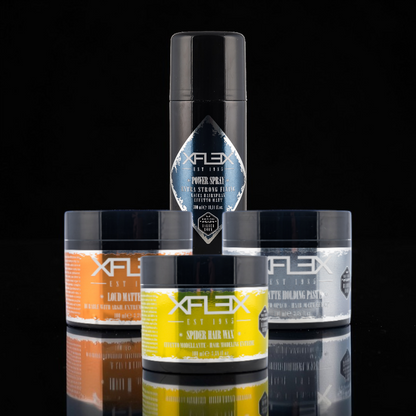 John Hair XFLEX hair styling set including matte wax, paste, and power spray for fortification and hydration.