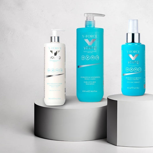 Set Max Y-Force anti-age – șampon regenerator, balsam și spray instant pentru păr deteriorat – John Hair
