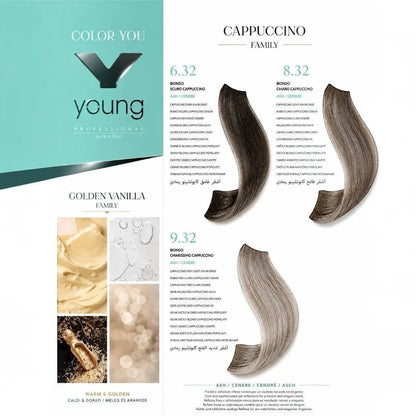 Vopsea profesională Young Color 8.32 Cappuccino inspirată de tonurile naturale ale cappuccino-ului, pentru un rezultat elegant și de lungă durată.