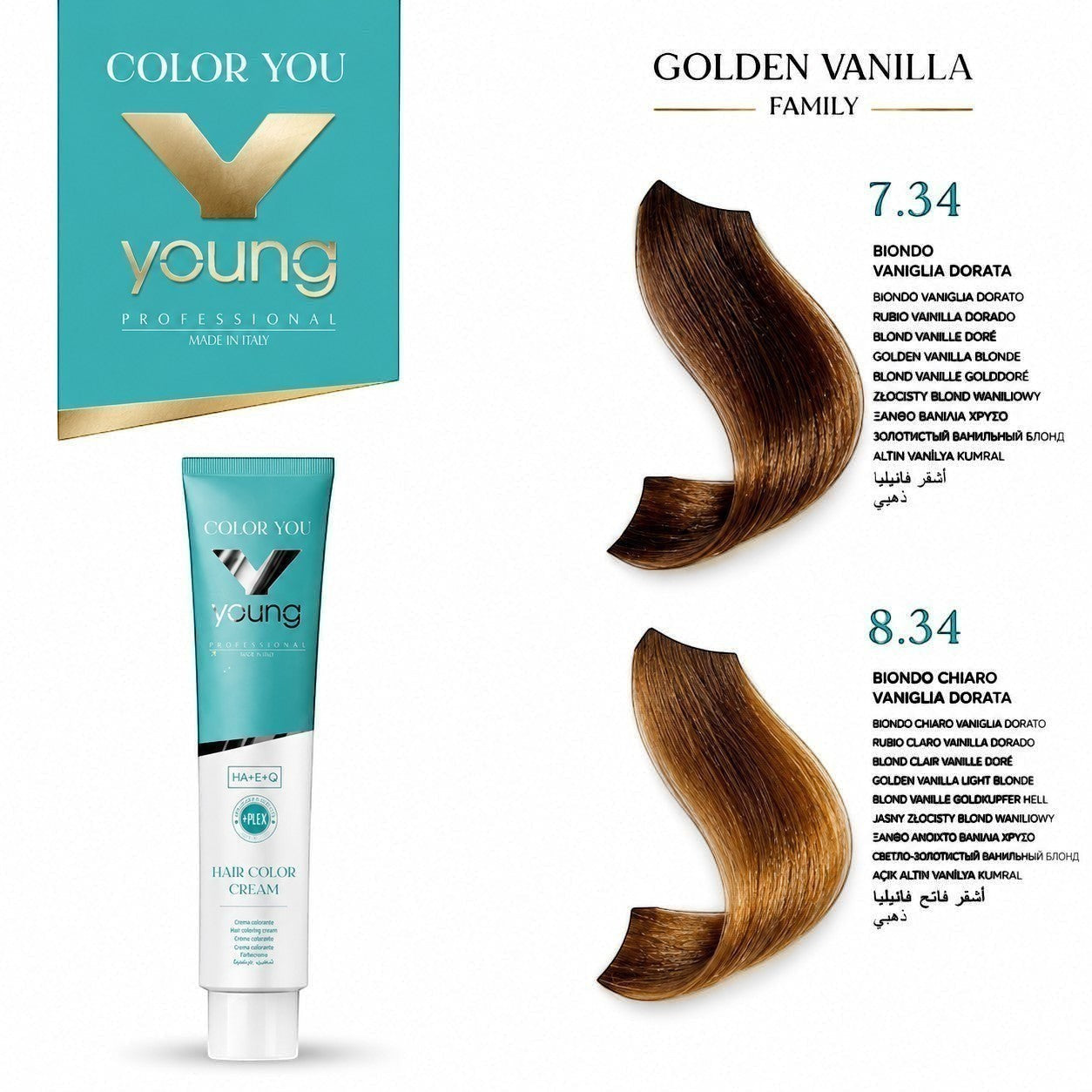 Vopsea profesională Young Color 8.34 Golden Vanilla inspirată de tonurile calde ale vaniliei aurii, pentru un blond luminos, elegant și de lungă durată.