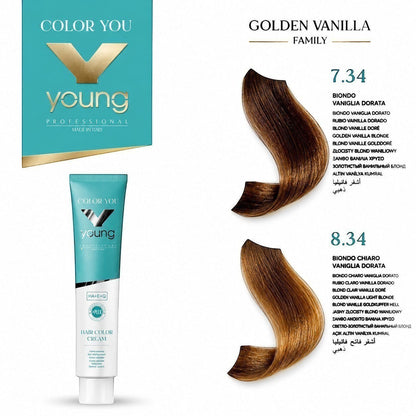 Vopsea profesională Young Color 8.34 Golden Vanilla inspirată de tonurile calde ale vaniliei aurii, pentru un blond luminos, elegant și de lungă durată.